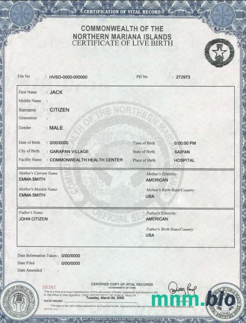 USA Northern Mariana Islands narodziny cert